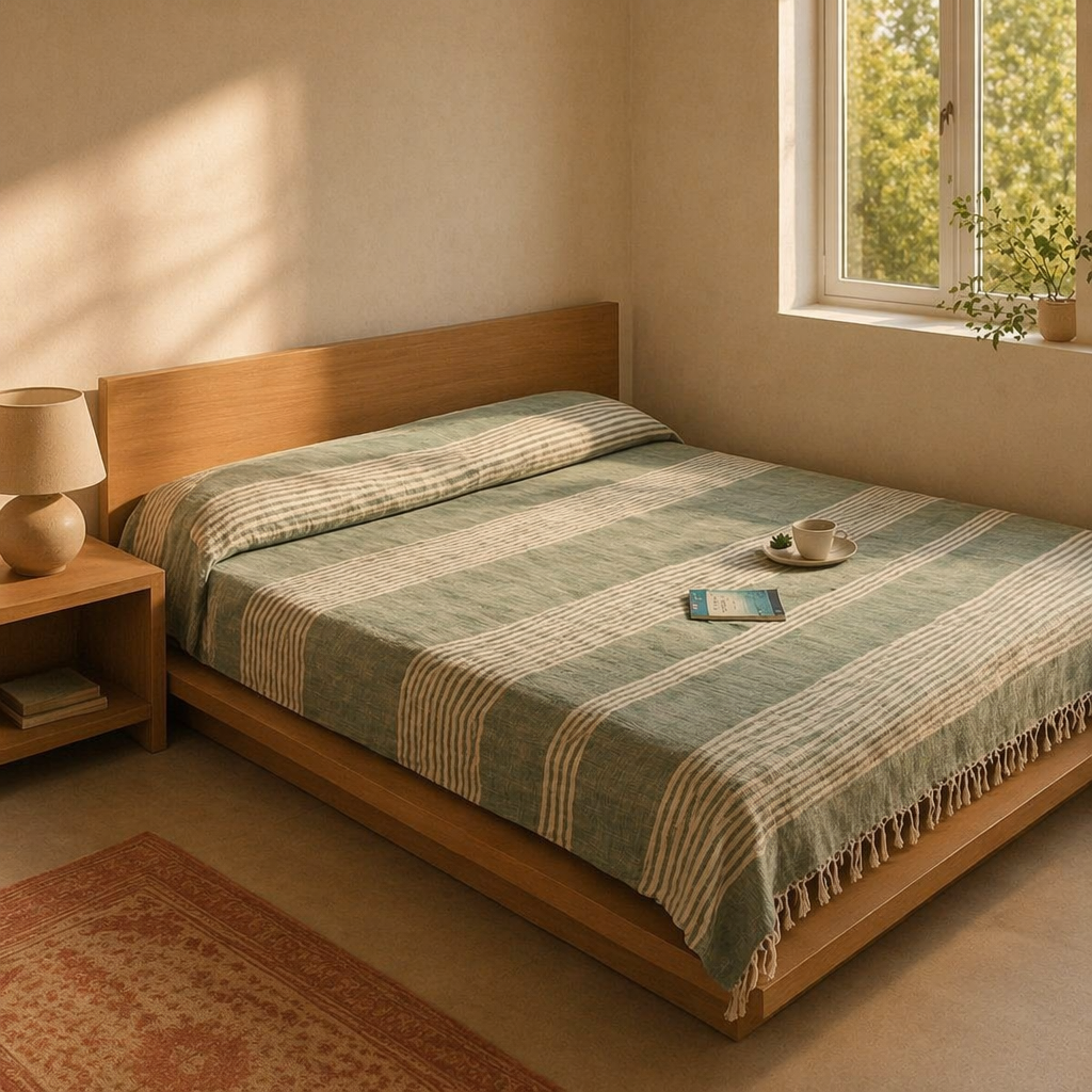 Royal Courtyards Green Striped Handwoven Bed Cover, The Linen Room. Handmade in India by House of Taraasha.