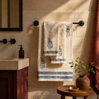 Off White and Blue Hand Block-Printed Towel Set, The Linen Room. Handmade in India by House of Taraasha.
