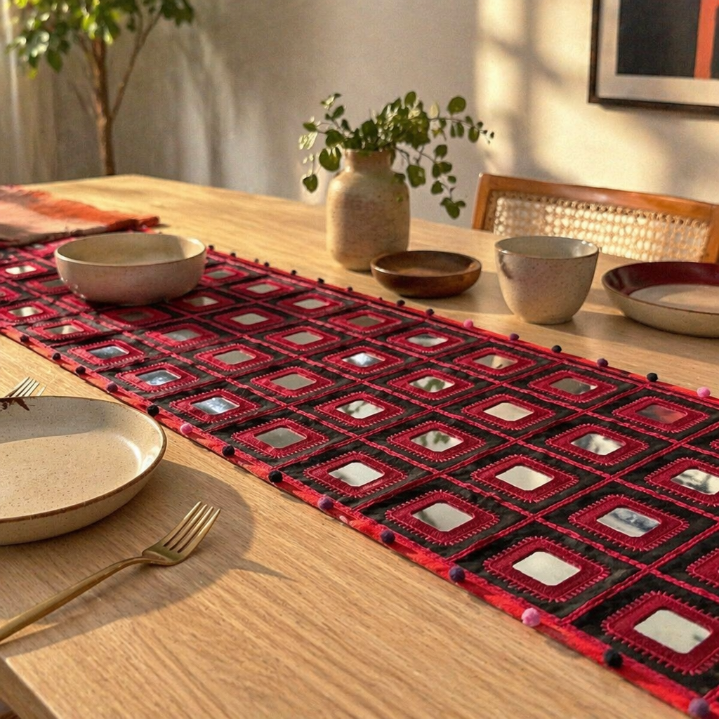 Lambani Mirrorwork Runner Red and Black, The Gathered Table. Handmade in India by House of Taraasha.