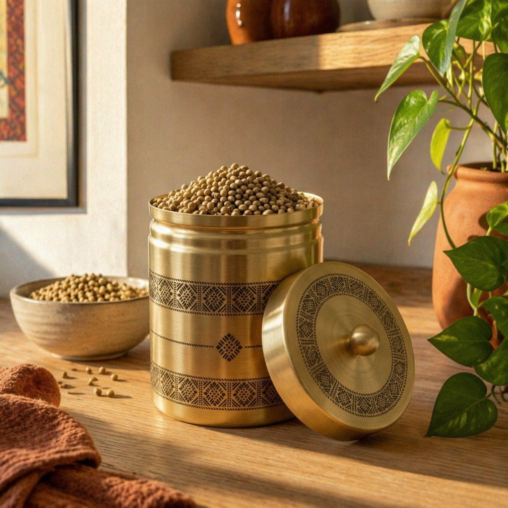 Kanjeevaram Brass Kitchen Jar Duo, The Brass Atelier. Handmade in India by House of Taraasha.
