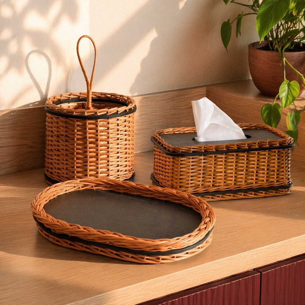 Kashmir Willow Tray, Cutlery Caddy & Tissue Box, The Brass Atelier. Handmade in India by House of Taraasha.