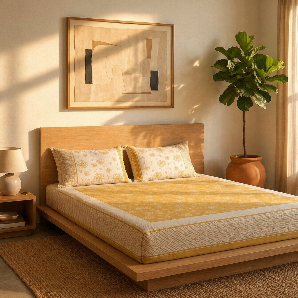 Mustard & Off-White Marigold Motif Bedsheet, The Linen Room. Handmade in India by House of Taraasha.