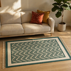 Ivory Chevron Hand Block-Printed Cotton Chintz Rug, The Woven Floor. Handmade in India by House of Taraasha.