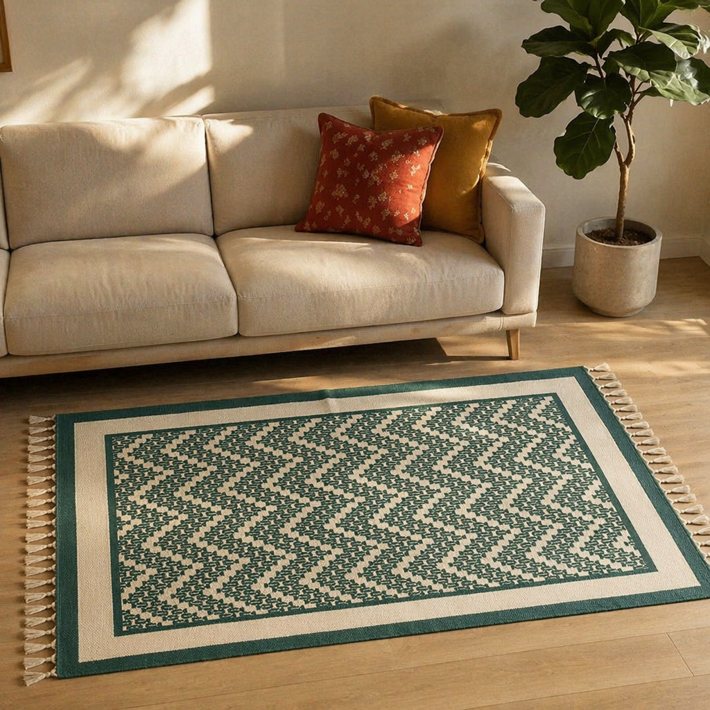 Ivory Chevron Hand Block-Printed Cotton Chintz Rug, The Woven Floor. Handmade in India by House of Taraasha.