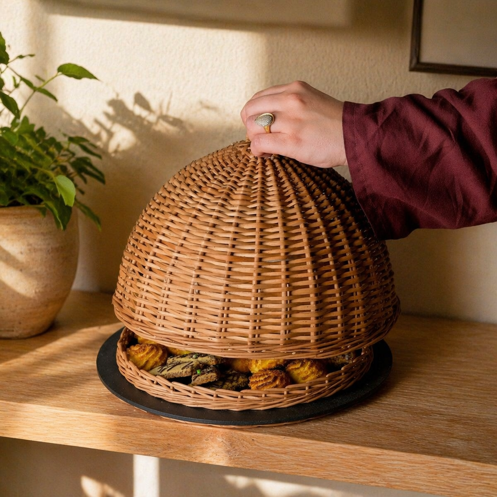 Kashmir Willow Cloche Serving Platter with Lid, The Wicker House. Handmade in India by House of Taraasha.
