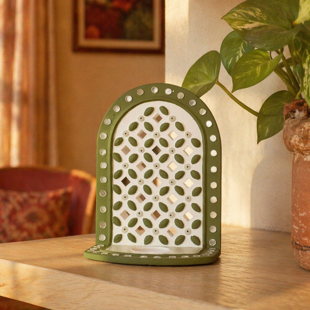 Green Lippan Mud and Mirror Tea Light Holder, Still Light. Handmade in India by House of Taraasha.