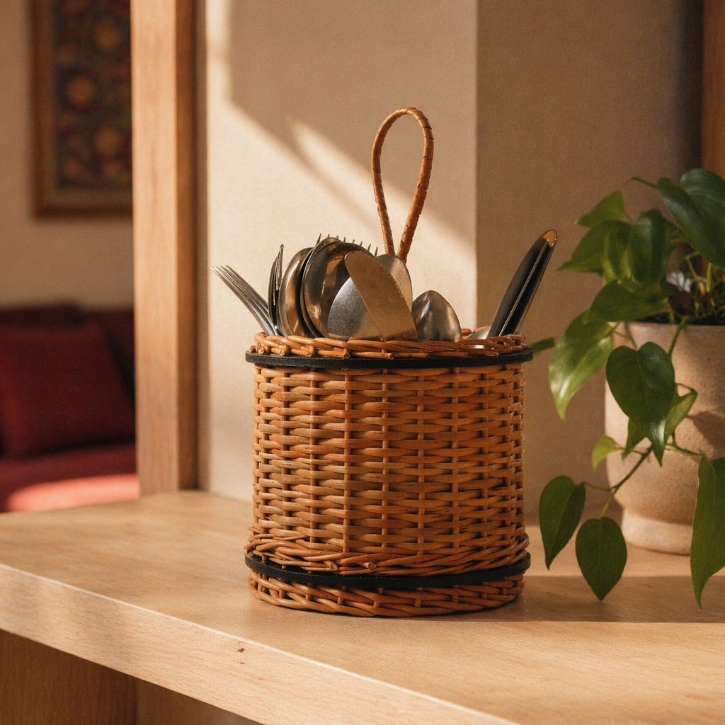 Kashmir Willow Wicker Cutlery Caddy, The Wicker House. Handmade in India by House of Taraasha.