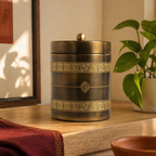Antique-Finish Kanjeevaram Etched Pure Brass Kitchen Jar, The Brass Atelier. Handmade in India by House of Taraasha.