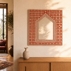 Brick Red Lippan Mirror Kutch Mud and Glass, The Art Wall. Handmade in India by House of Taraasha.