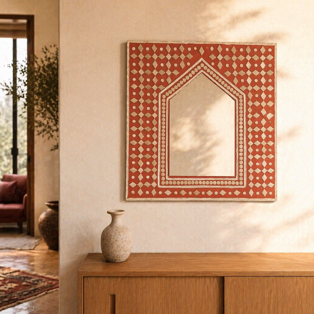 Brick Red Lippan Mirror Kutch Mud and Glass, The Art Wall. Handmade in India by House of Taraasha.