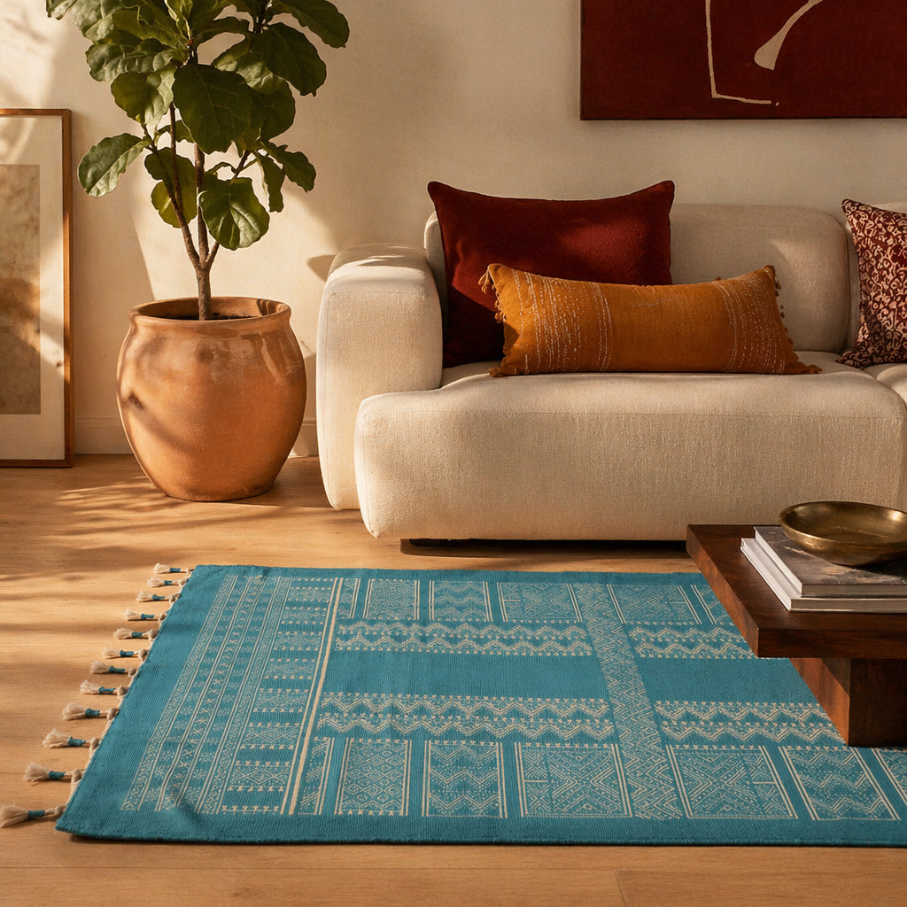 Mandana Teal Hand-Printed Tribal Pattern Cotton Rug, The Woven Floor. Handmade in India by House of Taraasha.