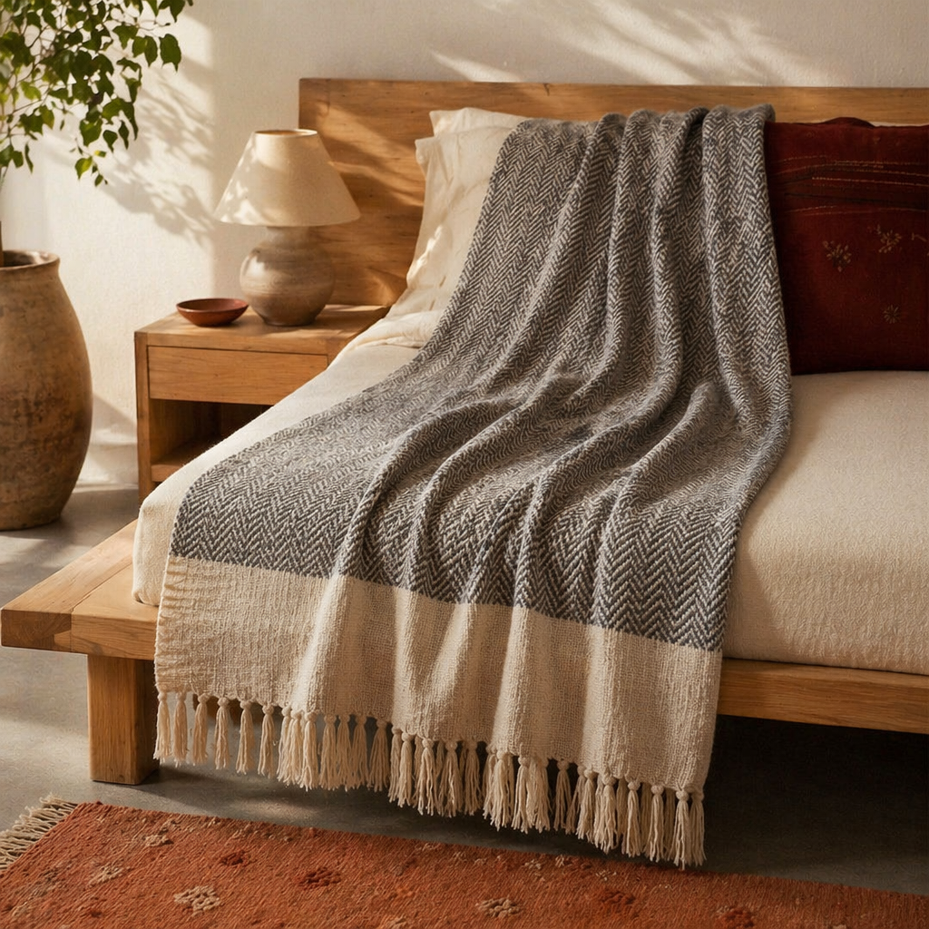 Chevron Blue Handwoven Pure Cotton Throw, The Linen Room. Handmade in India by House of Taraasha.