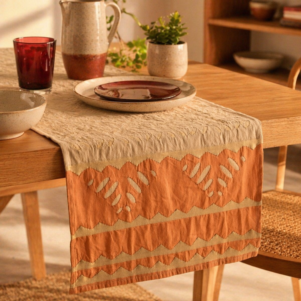Applique Cutwork Runner Taupe and Rust, The Gathered Table. Handmade in India by House of Taraasha.