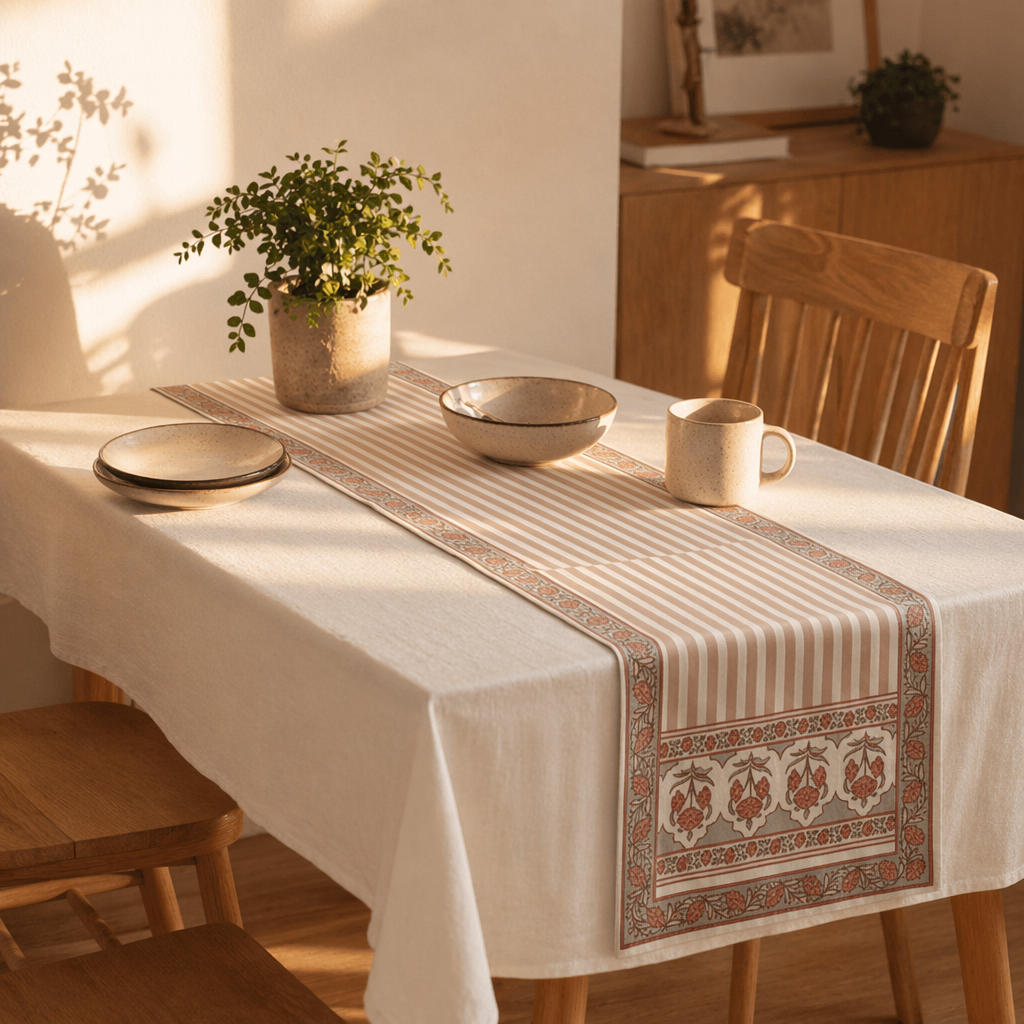 Royal Pink Pure Cotton Floral Table Runner, The Gathered Table. Handmade in India by House of Taraasha.