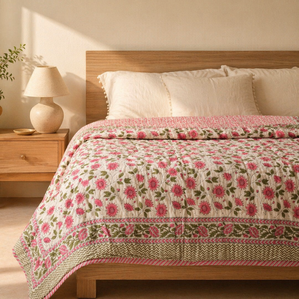 Dahlia Pink and White Jaipuri Razai, The Linen Room. Handmade in India by House of Taraasha.