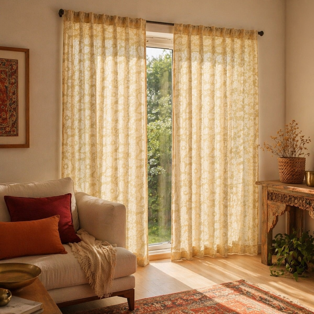 Pear Green Karhuwa Cutwork Door Curtain, The Draped Window. Handmade in India by House of Taraasha.