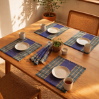 Teal & Cobalt Blue Madur Grass Table Mat, The Gathered Table. Handmade in India by House of Taraasha.