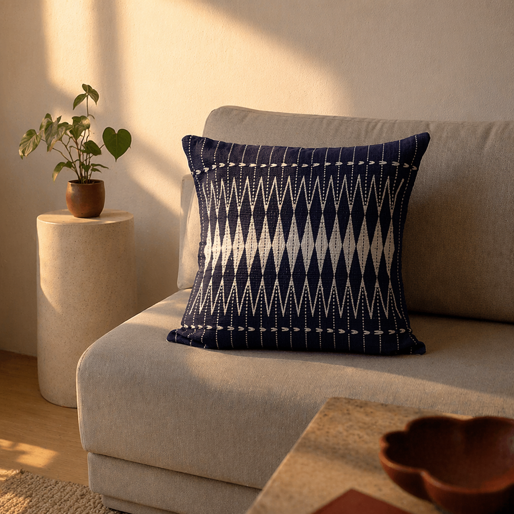 Naga Indigo Fusion Backstrap-Woven Blue and White Cushion Cover, The Living Room. Handmade in India by House of Taraasha.
