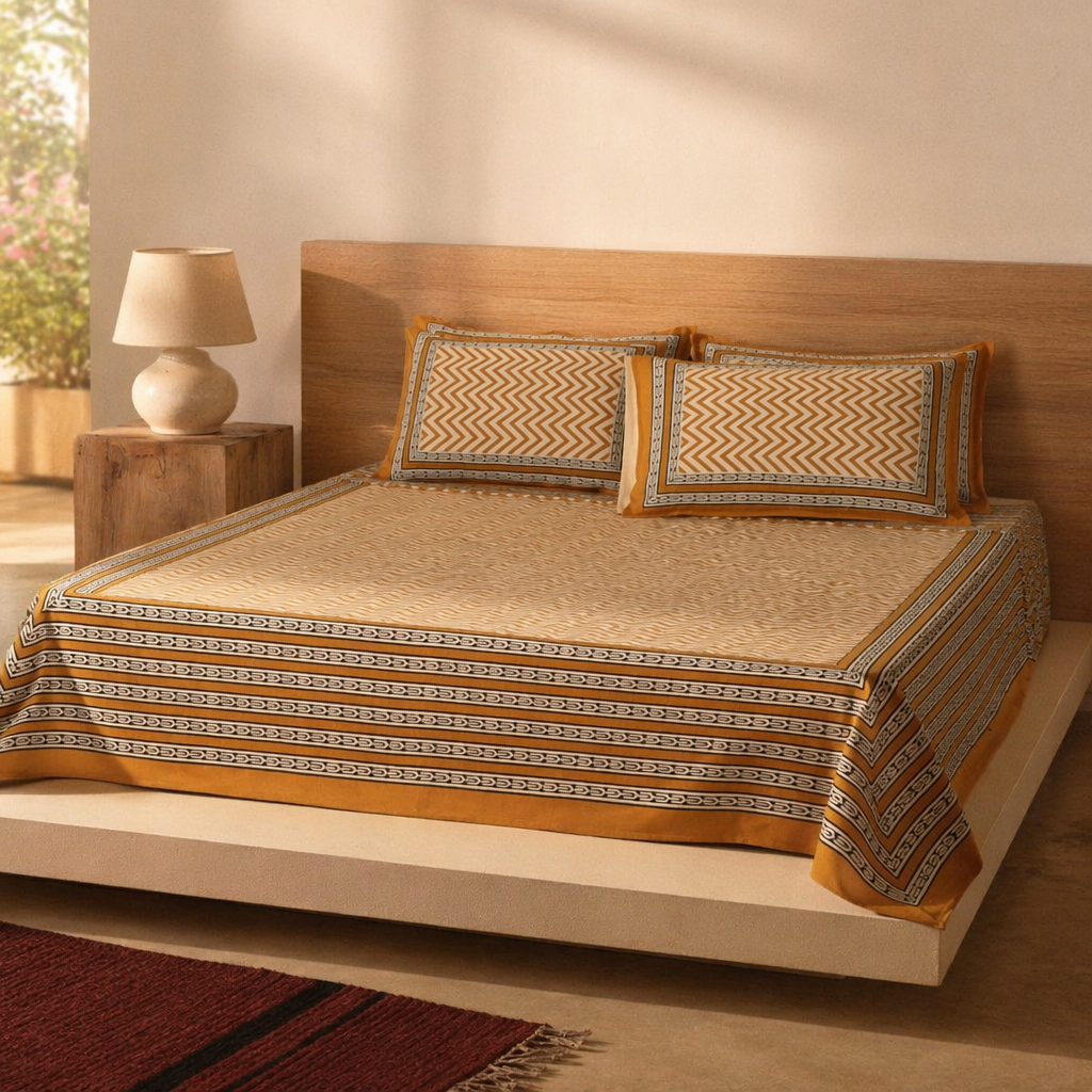 Mustard & Black Bagru Chevron Bedsheet, The Linen Room. Handmade in India by House of Taraasha.