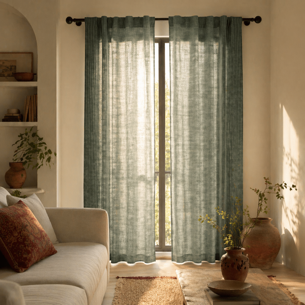 Royal Courtyards Handwoven Green Striped Door Curtain, The Draped Window. Handmade in India by House of Taraasha.