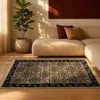 Kalamkari Indigo Hand Block-Printed Cotton Dhurrie, The Woven Floor. Handmade in India by House of Taraasha.