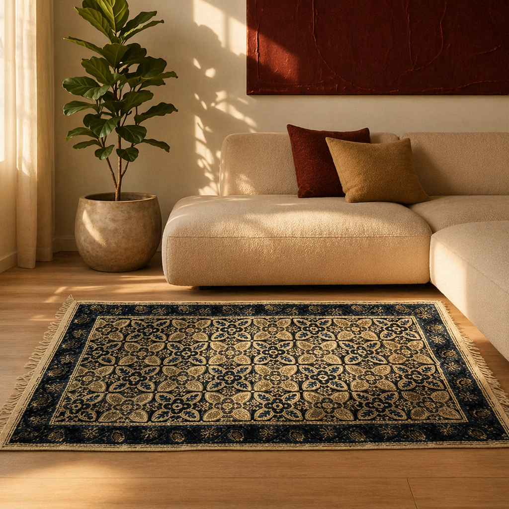 Kalamkari Indigo Hand Block-Printed Cotton Dhurrie, The Woven Floor. Handmade in India by House of Taraasha.