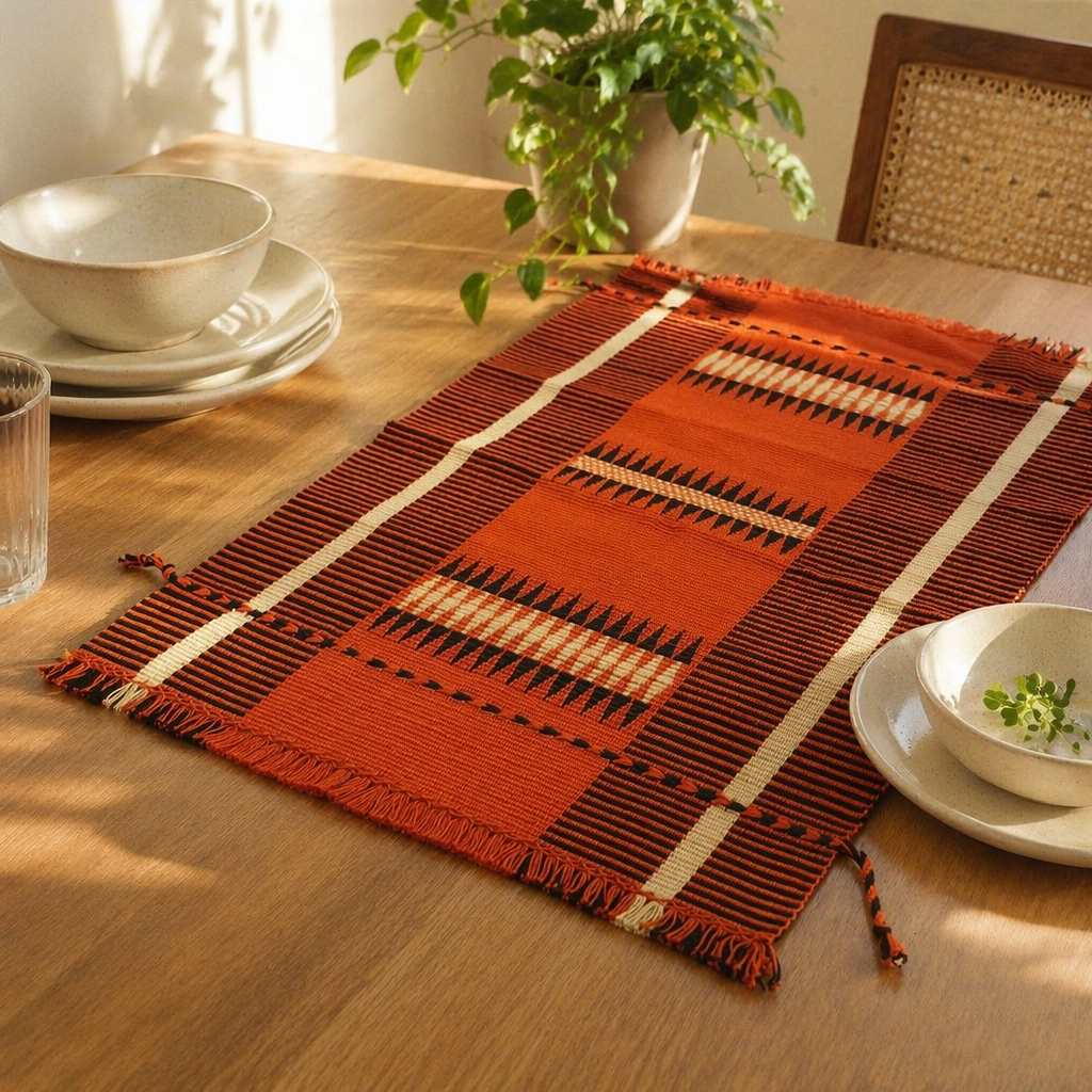 Tangerine Striped Naga Backstrap-Woven Table Mat, The Gathered Table. Handmade in India by House of Taraasha.