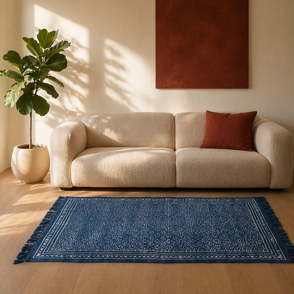 Dabu Lattice Mud-Resist Block-Printed Indigo Cotton Rug, The Woven Floor. Handmade in India by House of Taraasha.