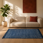 Dabu Lattice Mud-Resist Block-Printed Indigo Cotton Rug, The Woven Floor. Handmade in India by House of Taraasha.