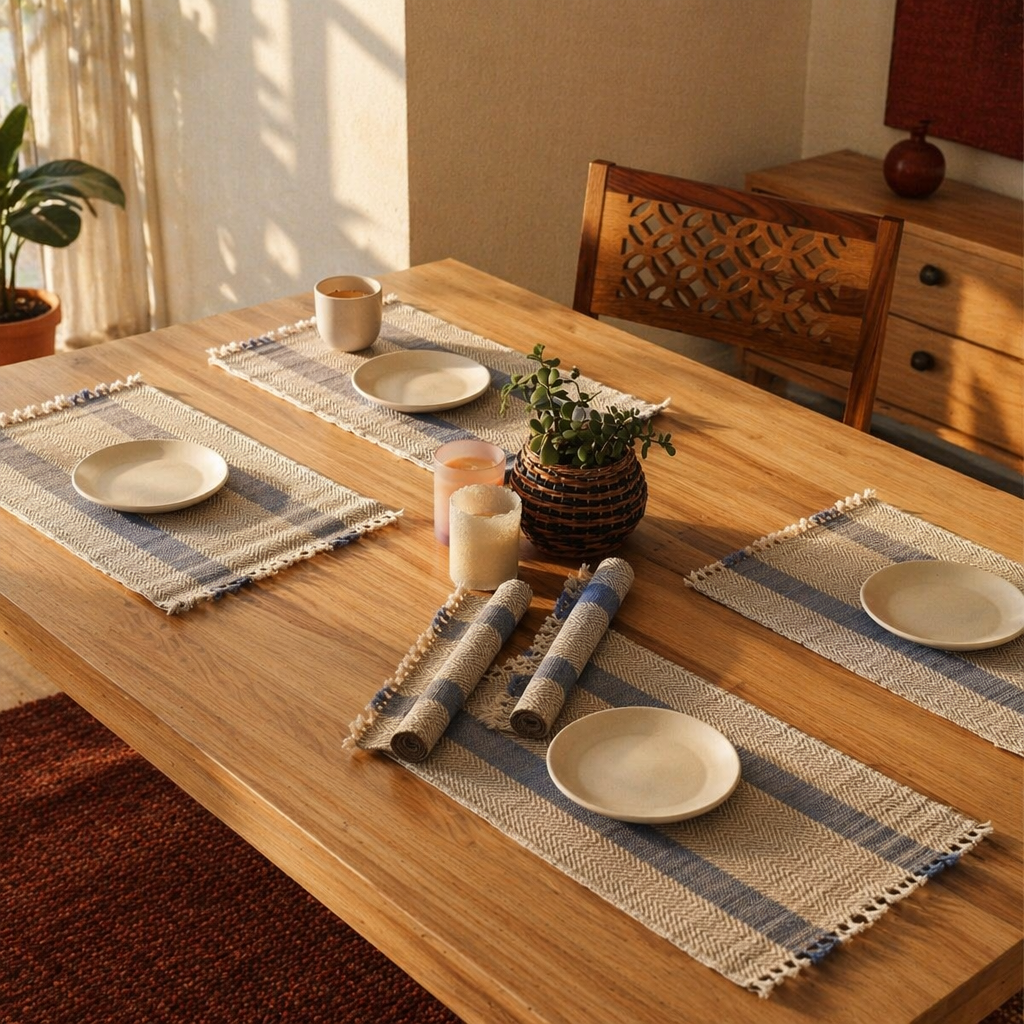 Madur Blue Handwoven Grass Table Mats, The Gathered Table. Handmade in India by House of Taraasha.