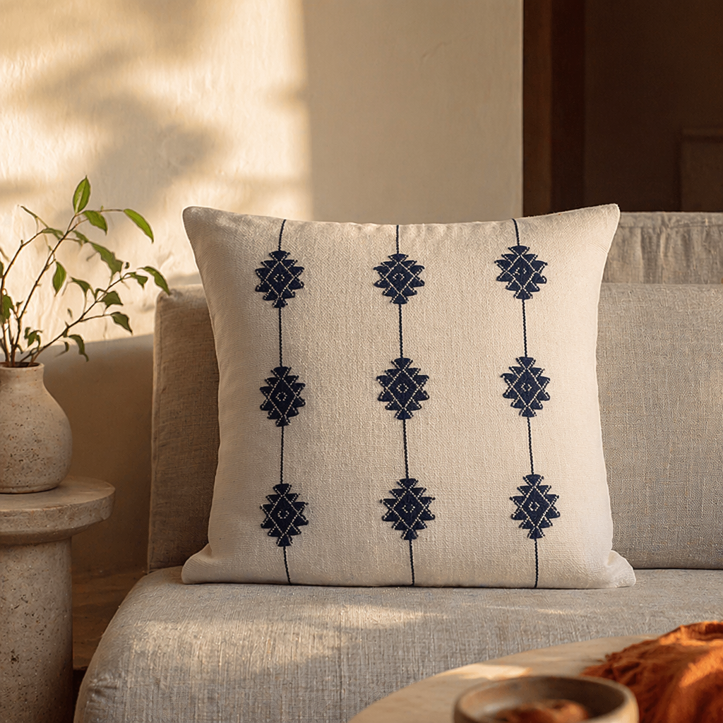 Naga Indigo Bloom Backstrap-Loom Floral Cushion Cover, The Living Room. Handmade in India by House of Taraasha.