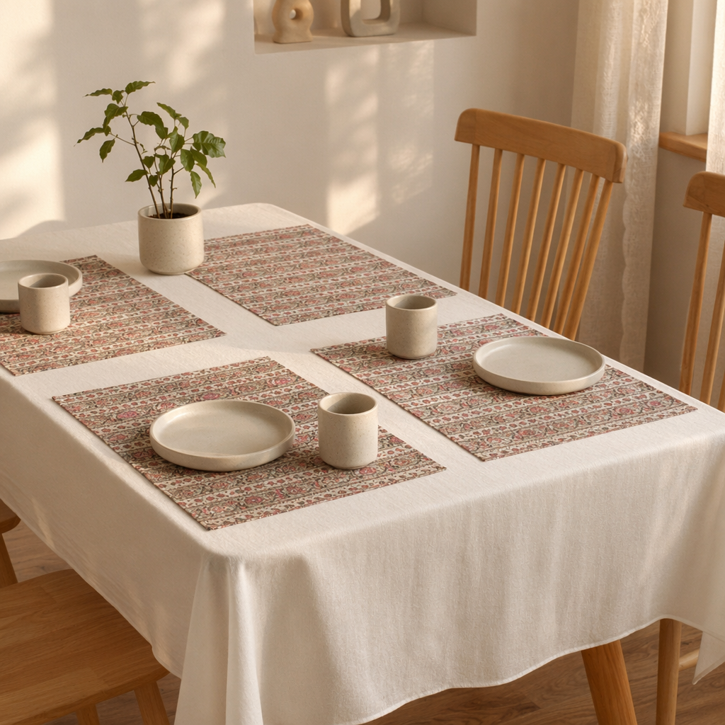 Dusty Pink & Off-White Floral Cotton Table Mat, The Gathered Table. Handmade in India by House of Taraasha.