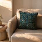 Ajrakh Green and Indigo Embroidered Cushion Cover, The Living Room. Handmade in India by House of Taraasha.