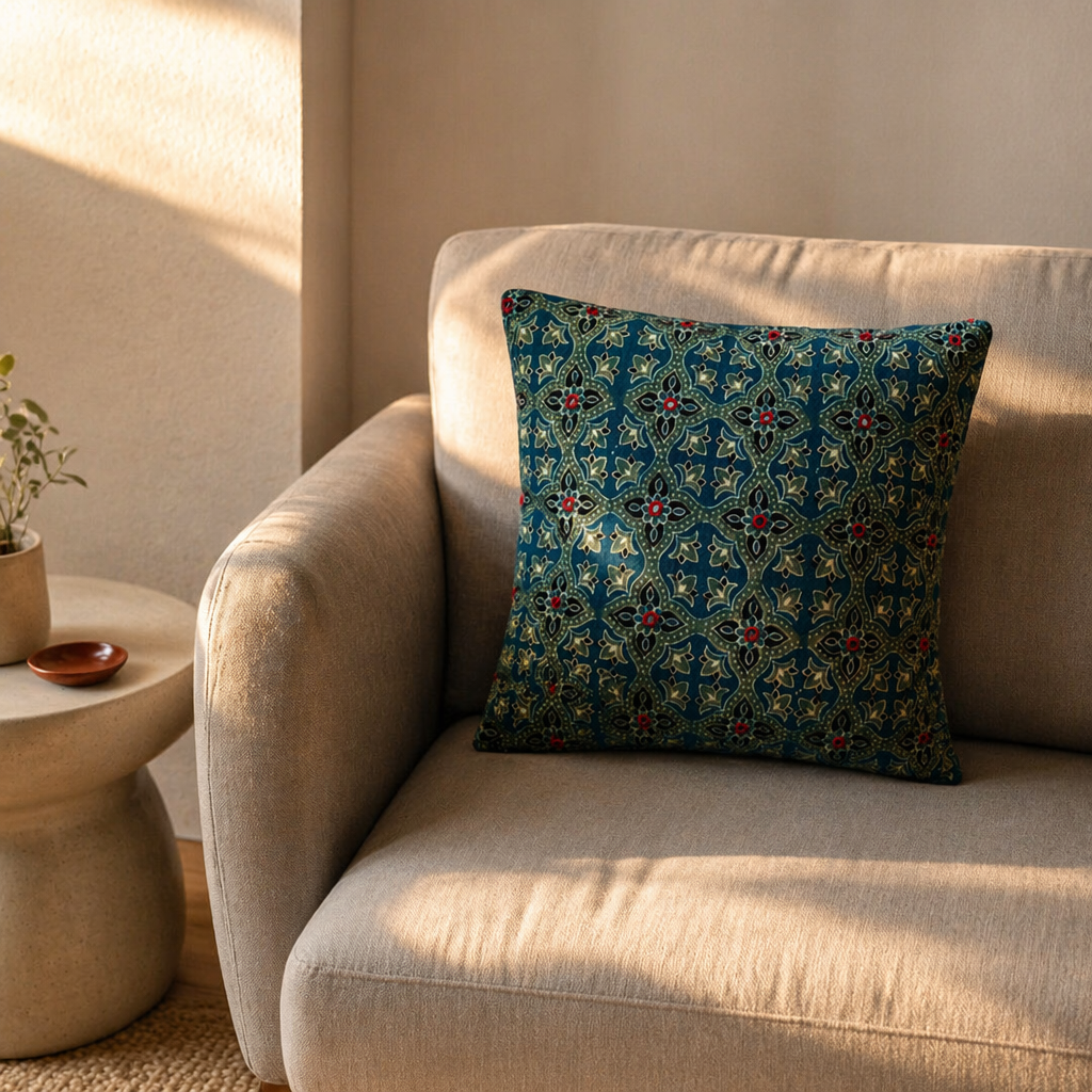 Ajrakh Green and Indigo Embroidered Cushion Cover, The Living Room. Handmade in India by House of Taraasha.