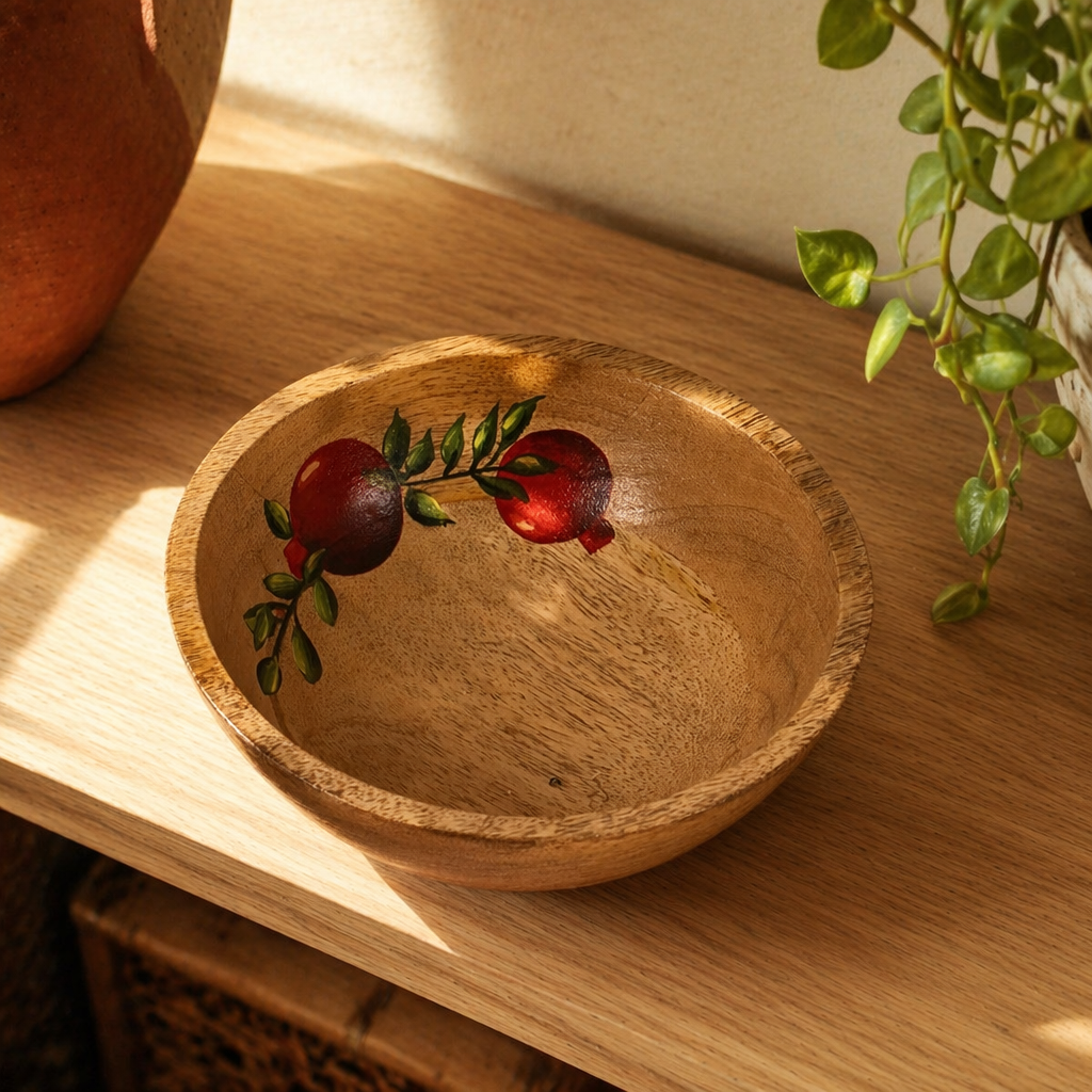 Rajasthan Hand-Painted Anar Mango Wood Salad Bowl, The Brass Atelier. Handmade in India by House of Taraasha.