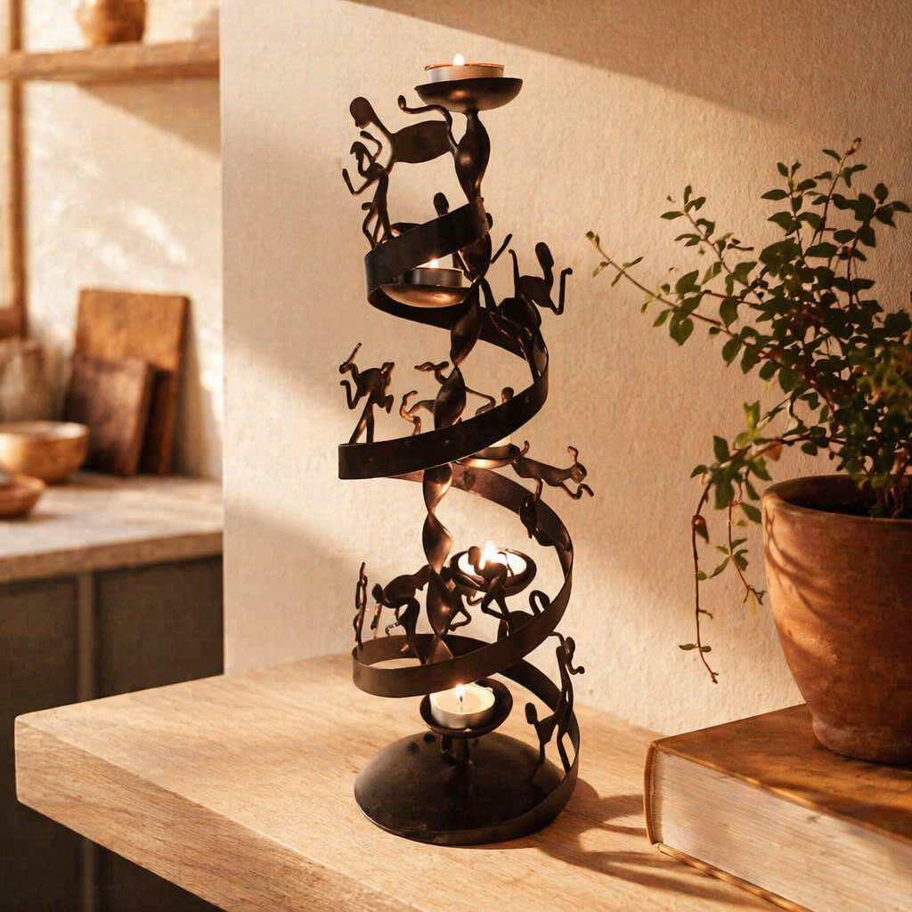 Bastar Wrought Iron Spiral Tealight Holder, Still Light. Handmade in India by House of Taraasha.