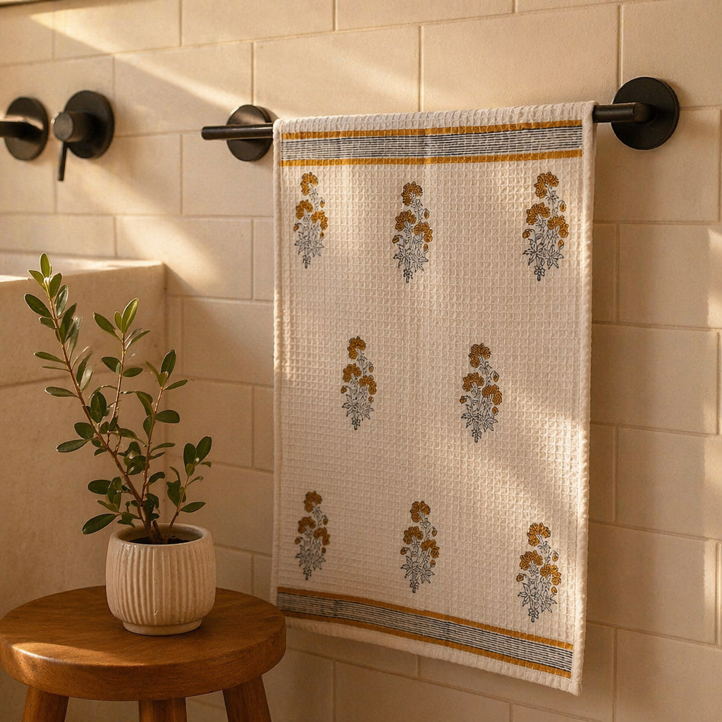 Yellow Floral Hand Block-Printed Cotton Hand Towel, The Linen Room. Handmade in India by House of Taraasha.