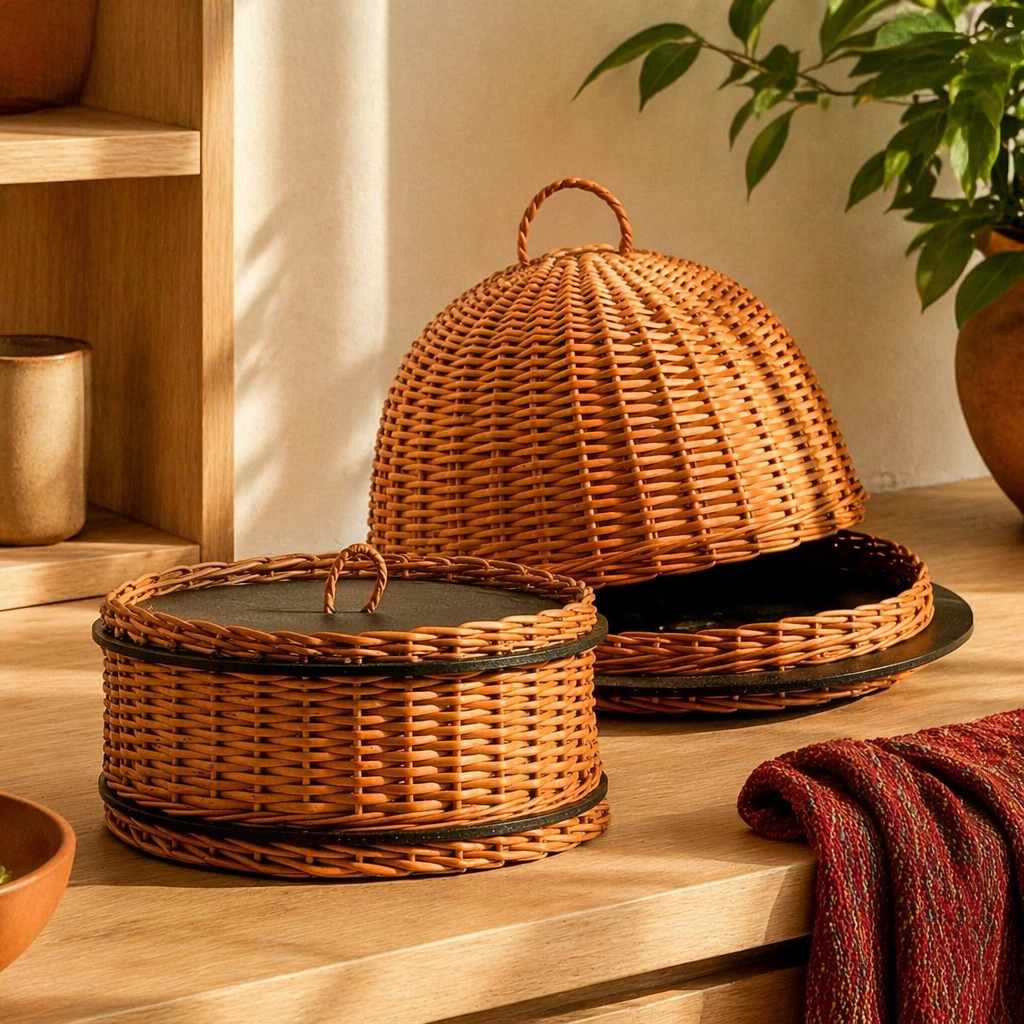 Kashmir Willow Storage Box & Cloche Platter, The Wicker House. Handmade in India by House of Taraasha.