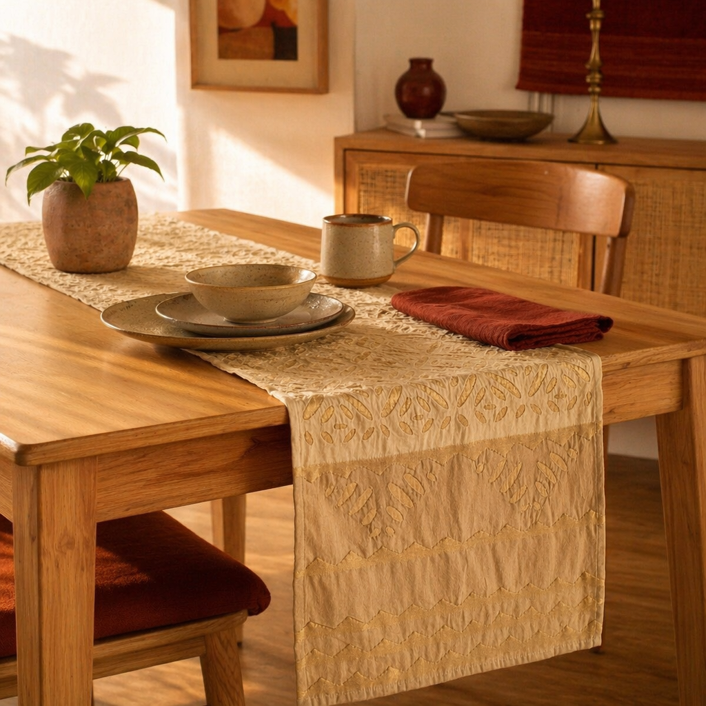 Applique Cutwork Runner Off-White and Taupe, The Gathered Table. Handmade in India by House of Taraasha.