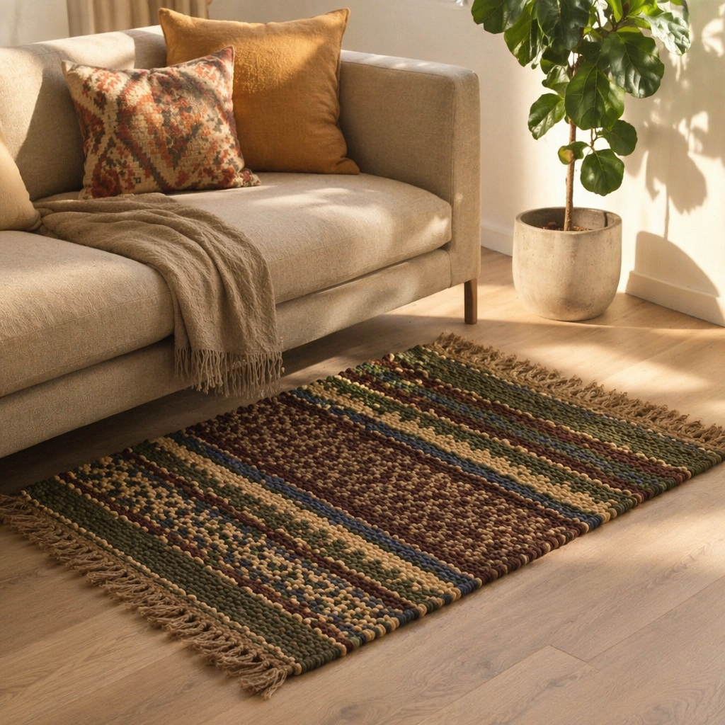 Punja-Woven Geometric Green Jute and Wool Rug, The Woven Floor. Handmade in India by House of Taraasha.