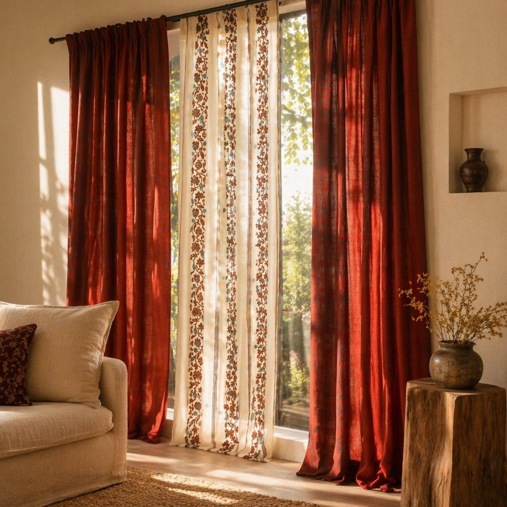 Chintz Assorted Set Off-White and Brick Red Cotton Curtains, The Draped Window. Handmade in India by House of Taraasha.