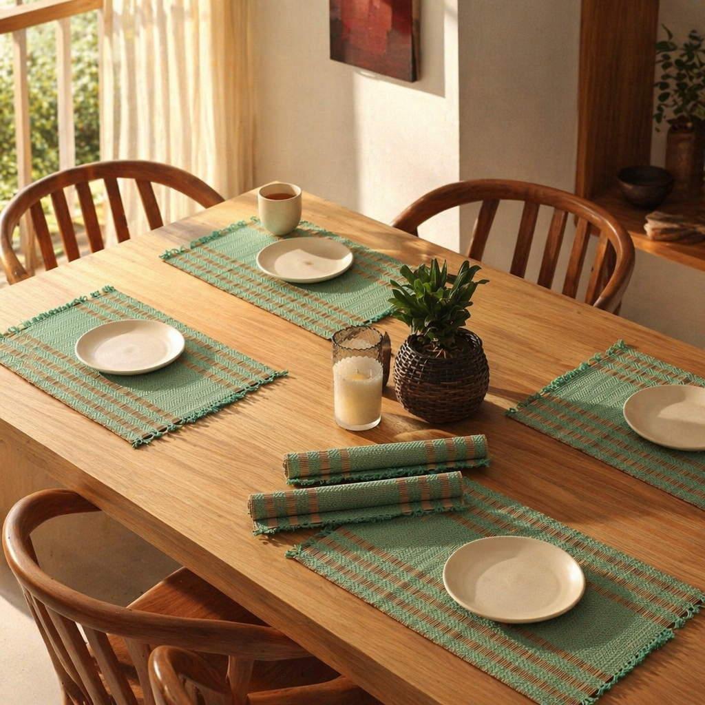 Aqua Green & Beige Madur Grass Table Mat, The Gathered Table. Handmade in India by House of Taraasha.