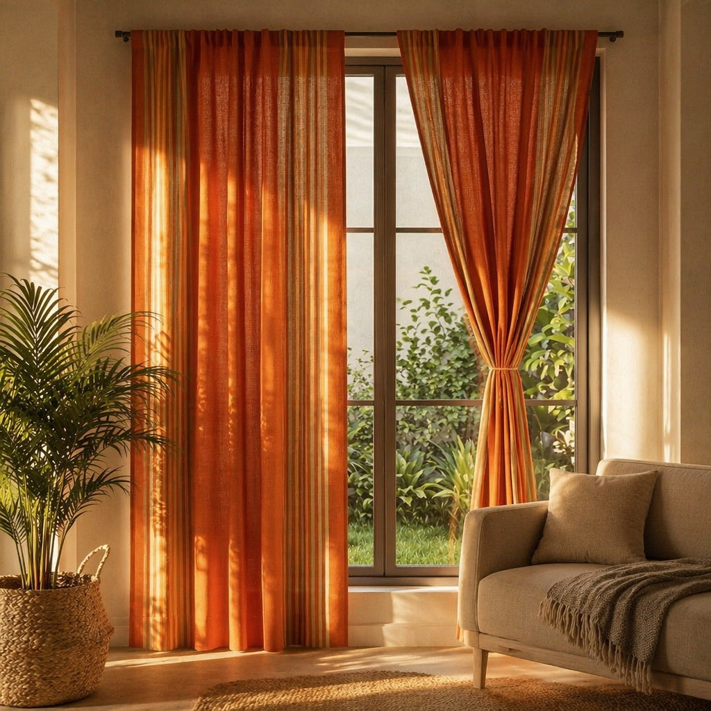 Handwoven Apricot and Rust Door Curtain, The Draped Window. Handmade in India by House of Taraasha.