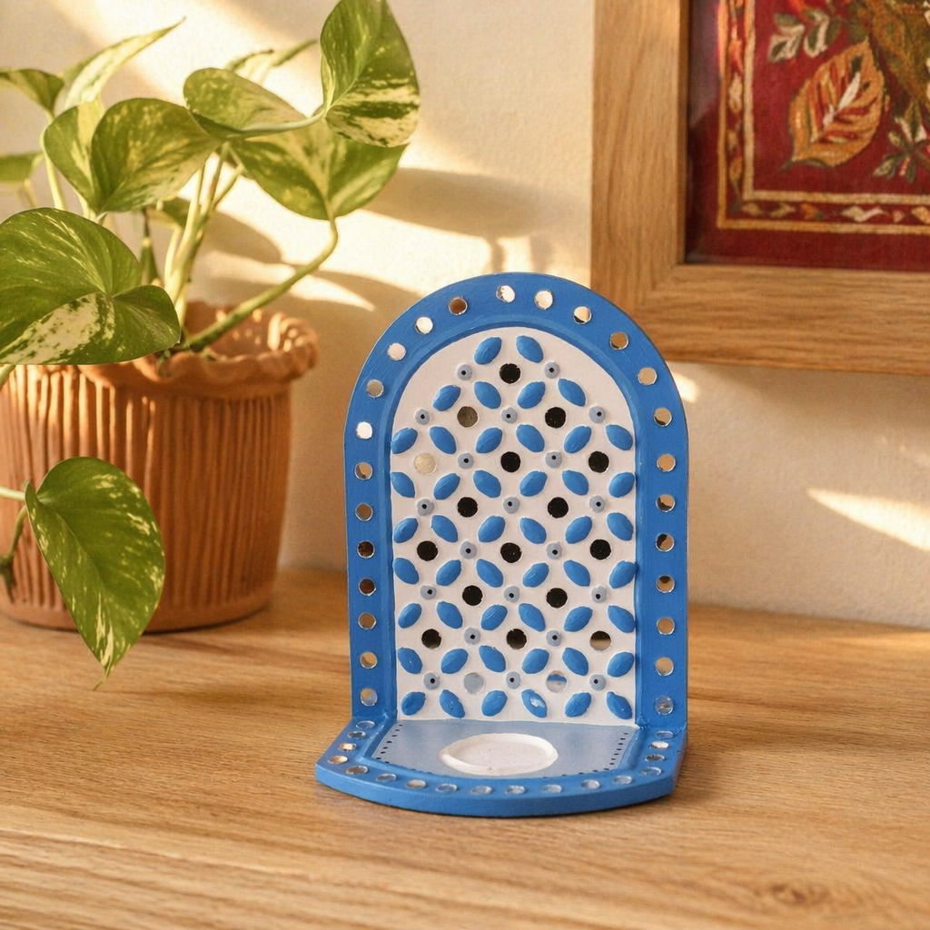 Blue Lippan Mud and Mirror Tea Light Holder, Still Light. Handmade in India by House of Taraasha.