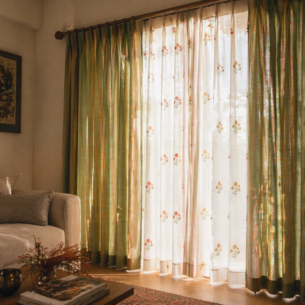 Handwoven & Block-Printed Set Sage, Rust, Mustard and Teal, The Draped Window. Handmade in India by House of Taraasha.