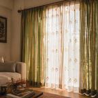 Handwoven & Block-Printed Set Sage, Rust, Mustard and Teal, The Draped Window. Handmade in India by House of Taraasha.