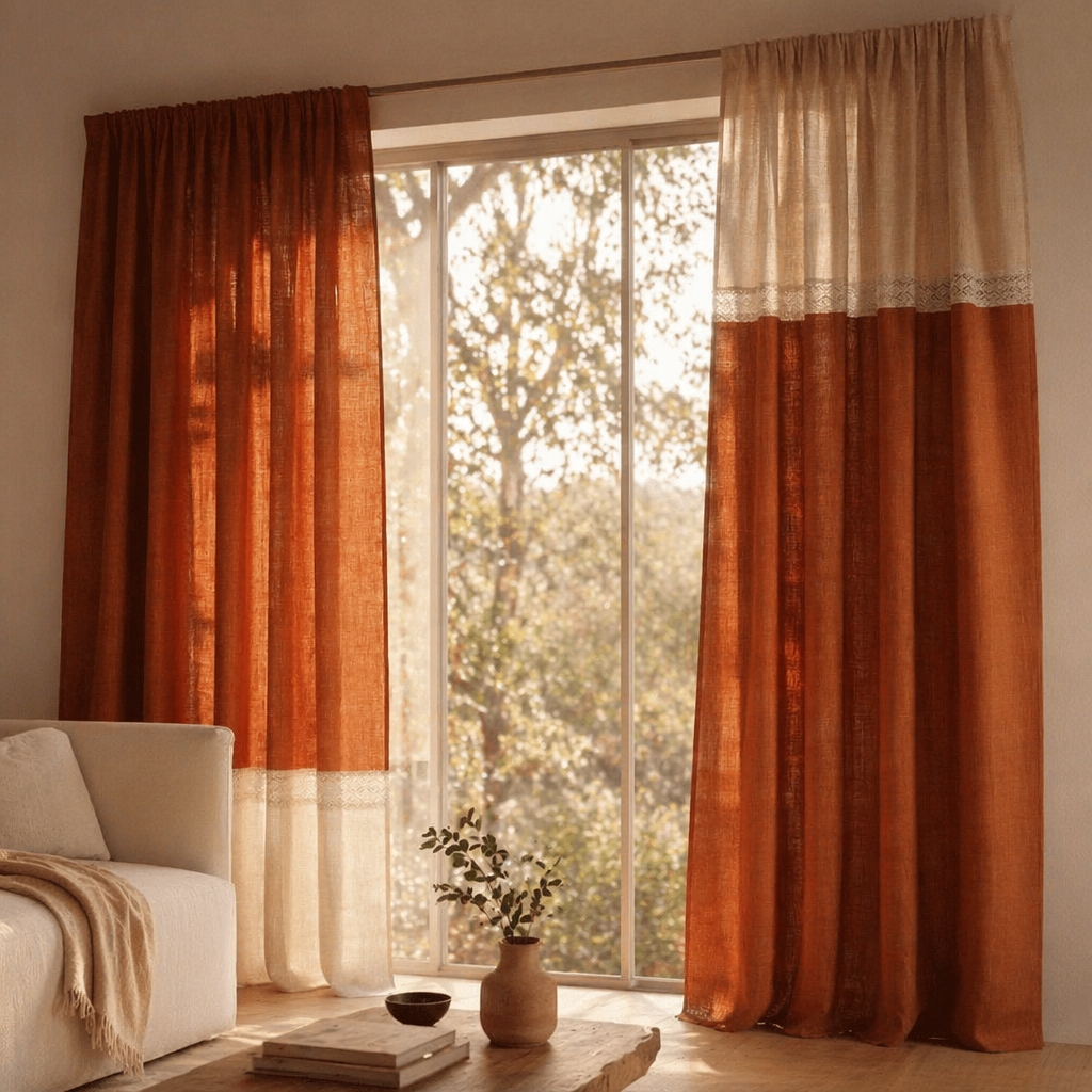 Rust and Off White Reversible Crochet-Border Door Curtain, The Draped Window. Handmade in India by House of Taraasha.