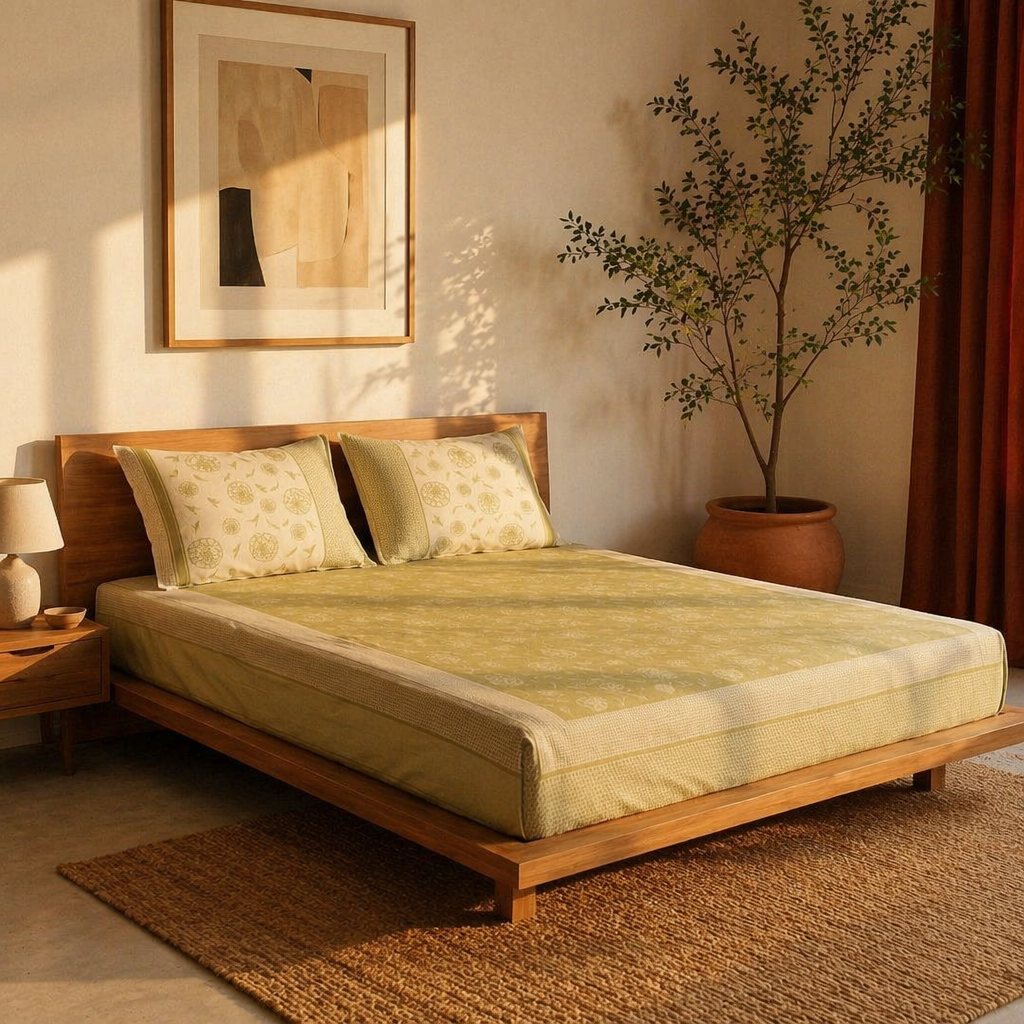 Marigold Sage Green and Off-White Bedsheet, The Linen Room. Handmade in India by House of Taraasha.
