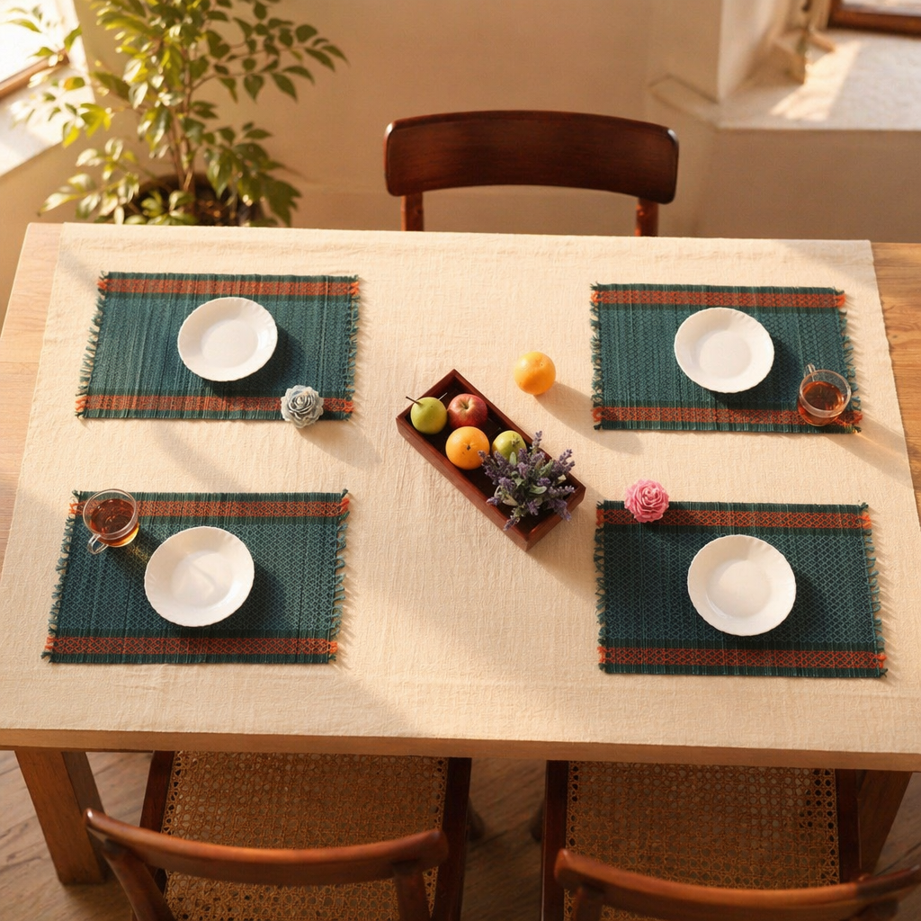 Teal Handwoven Grass Table Mat, The Gathered Table. Handmade in India by House of Taraasha.