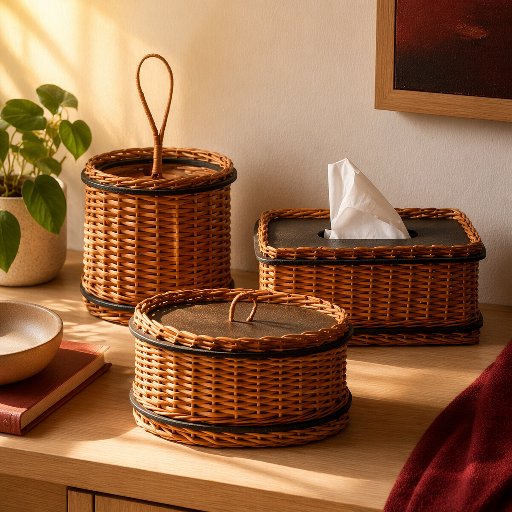 Kashmir Willow Storage Box, Tissue Box & Cutlery Caddy, The Wicker House. Handmade in India by House of Taraasha.
